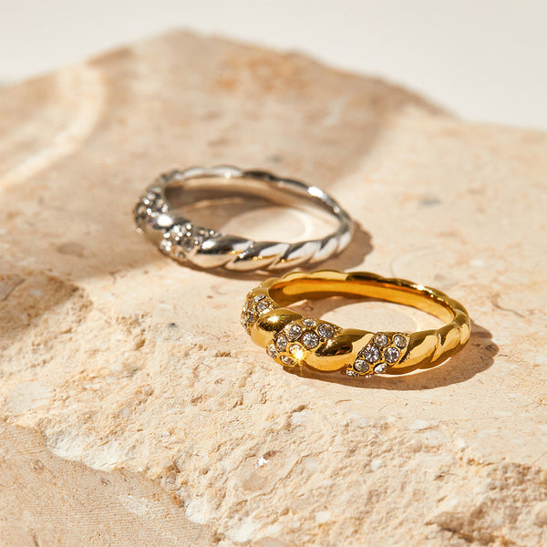 Metallic Ring with Threaded Design, Diamond Inlay, Electroplated Stainless Steel