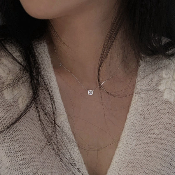 Square Diamond Necklace Sterling Silver Clavicle Chain Delicate Diamond Necklace