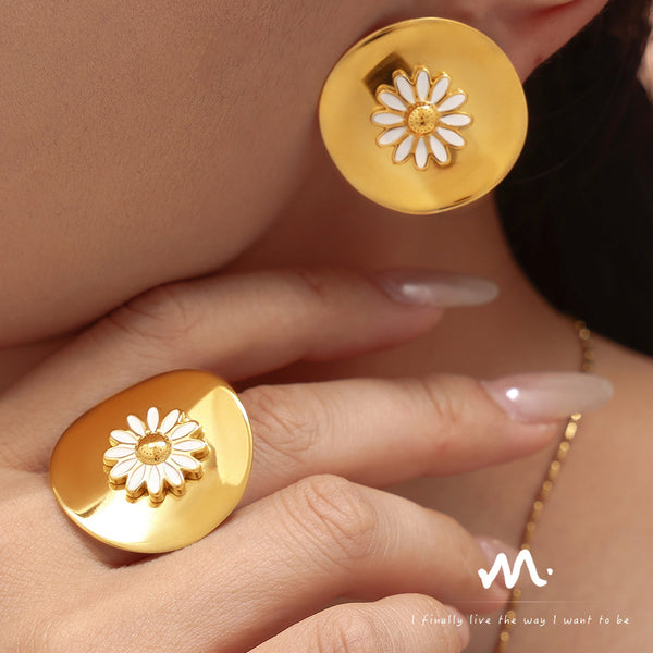 Daisy Ring Stud Earrings 18k Gold Plated Stainless Steel