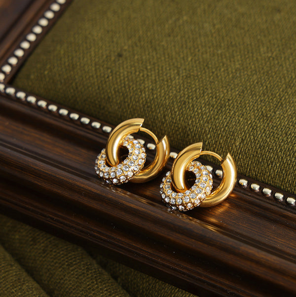 Geometric Double Circle Inlaid Color Diamond Earrings