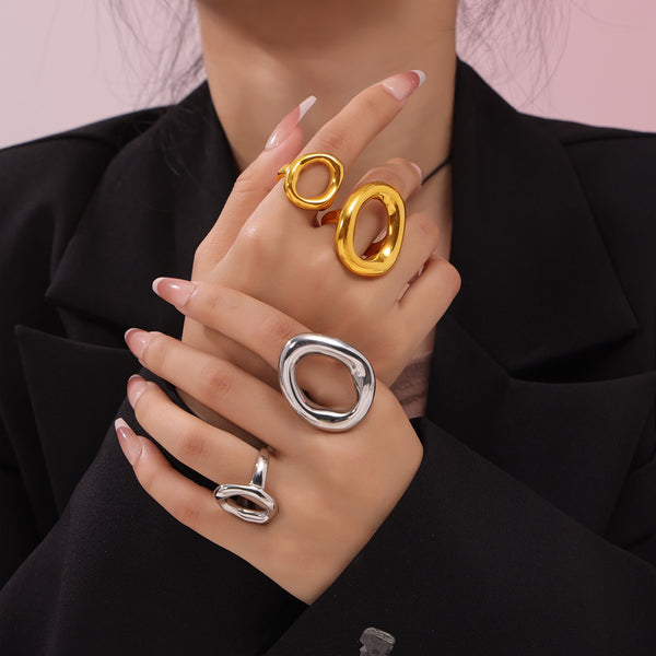 Geometric Hollow Irregular Round Ring Titanium Steel Gold-Plated Ring