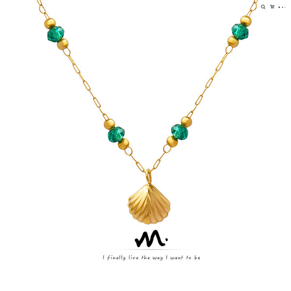 Exquisite Crystal Pearl Shell Pendant Necklace Stainless Steel 18K Gold Plated