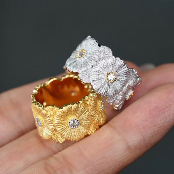 Handmade Brushed Wide Two-Tone Gold Daisy Ring with Inlaid Diamond Flower