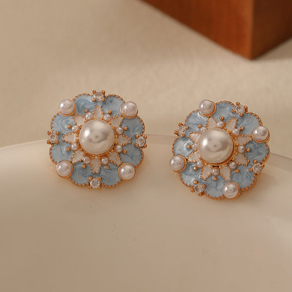 Blue Oil Drop Flower Earrings Light Luxury Pearl Earrings Women