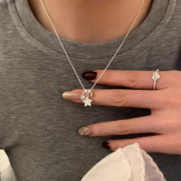 S925 Sterling Silver Sweet Star Necklace Women's Fashion Temperament Hammer Star Versatile