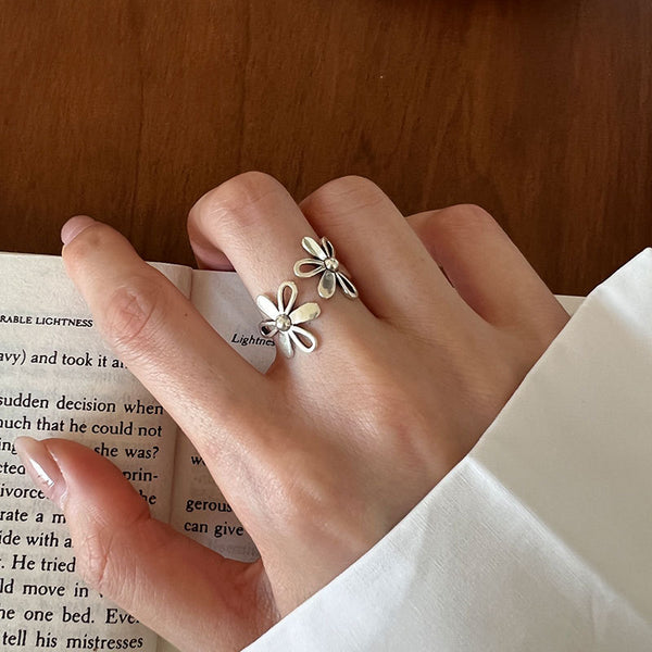 Flower ring female s925 sterling silver opening sweet personality