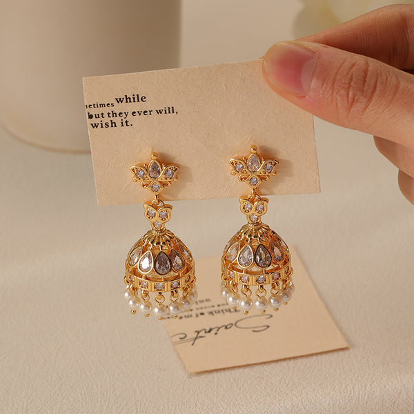 Micro-inlaid zircon wind chimes pearl earrings elegant temperament medieval silver needles