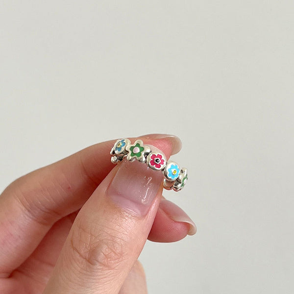 925 Sterling Silver Enamel Flower Opening Ring Women's Drip Oil Ring
