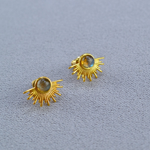 Niche light luxury retro brass gold-plated inlaid moonlight elongated stone golden light 925 silver needle stud earrings