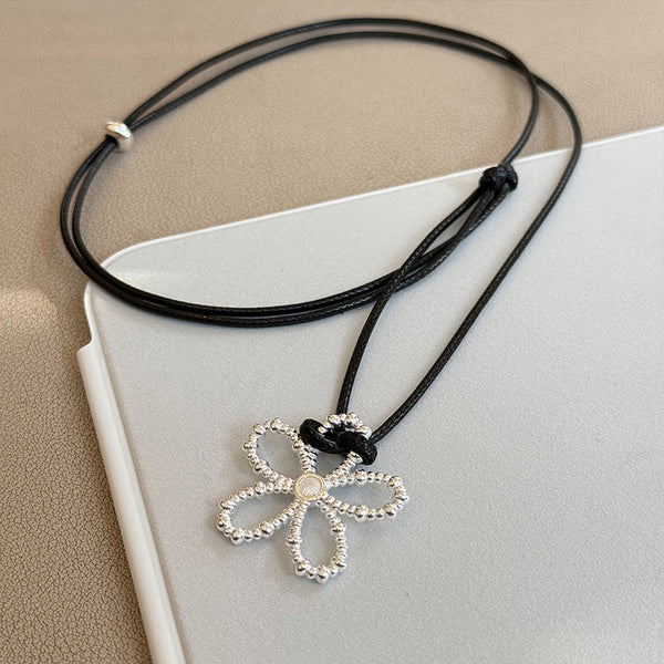 925 Sterling Silver Hollow Flower Black Rope Necklace Black Leather Rope