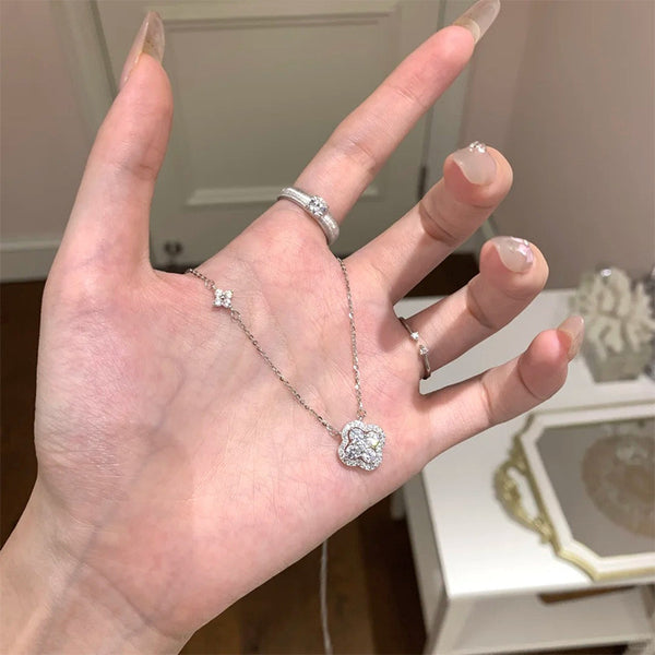 S925 Sterling Silver Flash Clover Necklace Full Diamond Lucky Flower Collarbone Chain