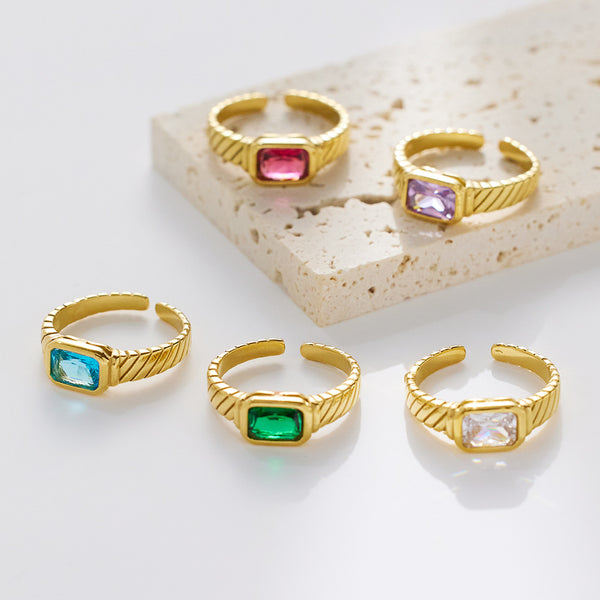 French light luxury 18k titanium steel colored diamond ring stainless steel ring small sugar cube