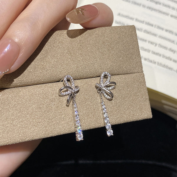 Sterling Silver 999 Bow Tassel Earrings Female Sweet Delicate Zircon Sterling Silver
