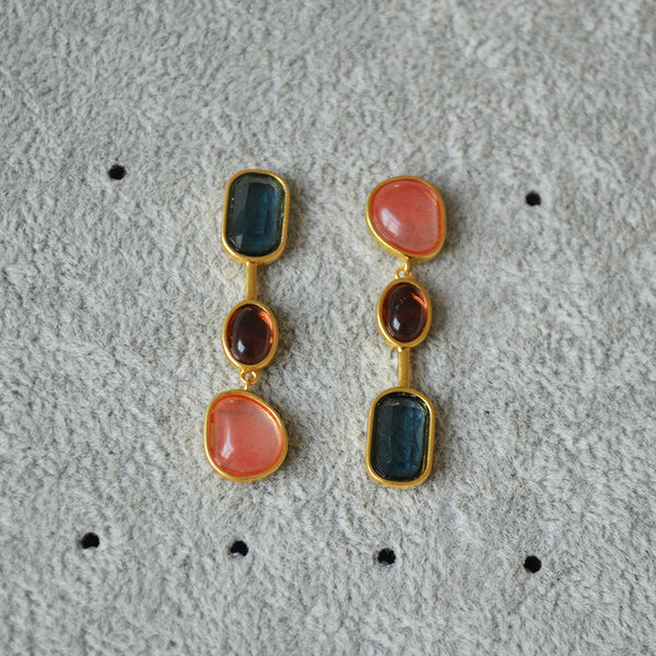 Niche design retro literary and simple watermelon red stone crystal 925 silver needle earrings