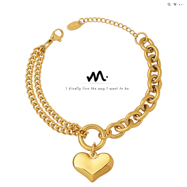 Spliced Chain Heart Bracelet Titanium Steel Plated with 18K Gold